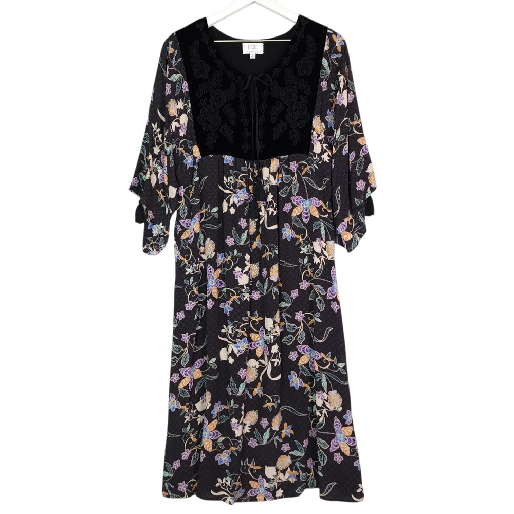 JOHNNY WAS Jade Remi Yoke Silk Velvet Black Floral Boho Midi Dress